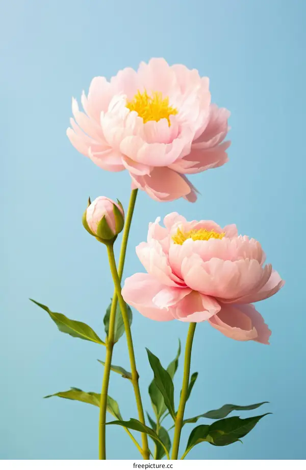 Three pink peonies on a blue background