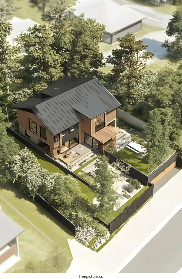 Modern House with Black Roof and Wooden Siding