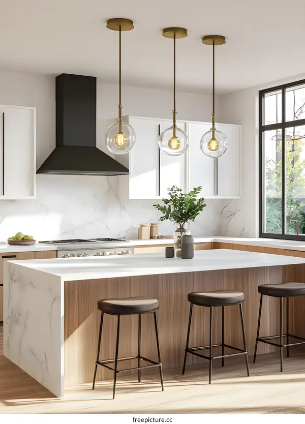 Modern Kitchen Design with Black Range Hood and Gold Pendants