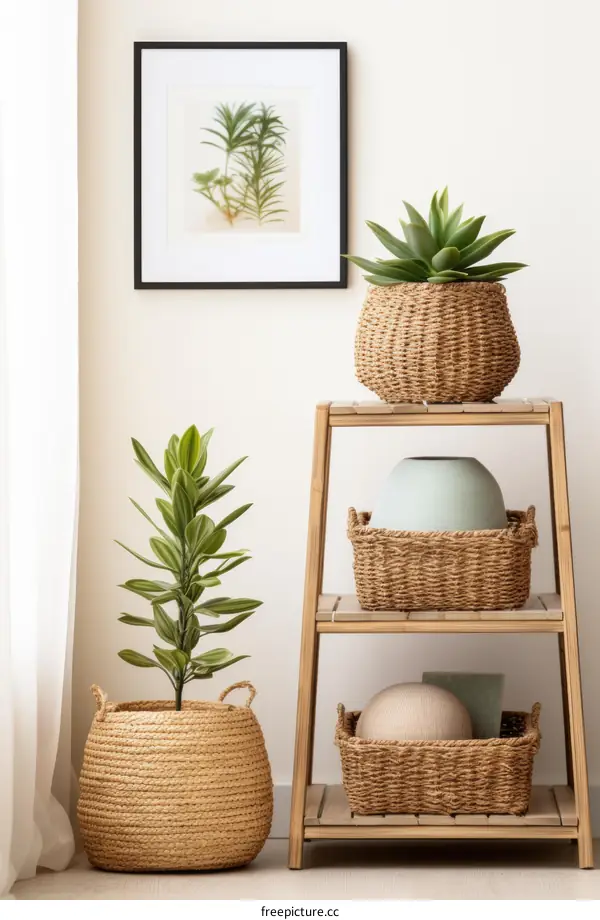Three Different Sizes of Woven Baskets with Plants Inside on a Wooden Shelf with Black Picture Frame on Wall