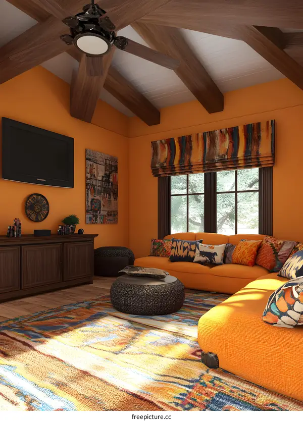 Modern Living Room with Orange Walls and a Ceiling Fan