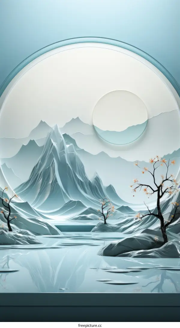 Blue and White Landscape Painting with Mountains, Trees, and Lake