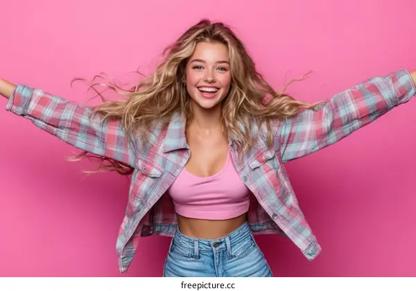 Happy Woman in Plaid Jacket Against Pink Background