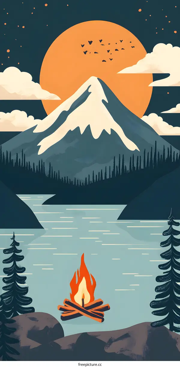 Night Sky Mountain Camping Illustration
