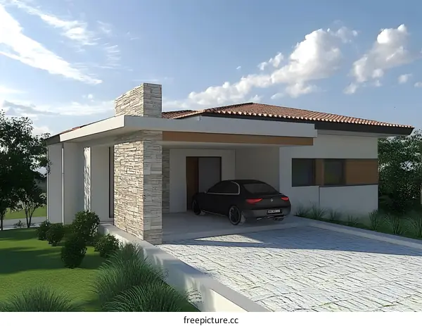 Modern Home Design with Stone Wall and Garage