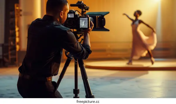 A cameraman is filming a ballerina in a theater