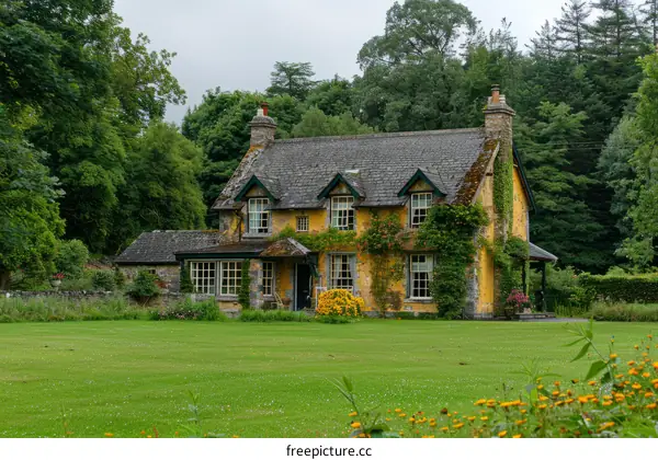 A charming yellow cottage nestled in the lush greenery of the countryside