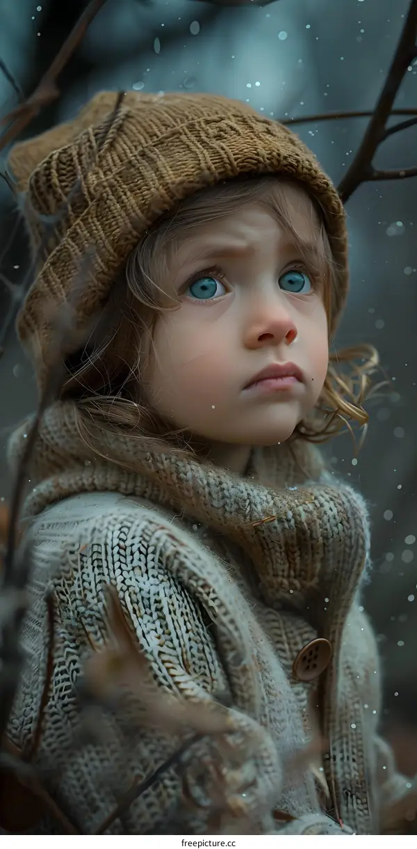 Little girl in a brown knitted hat looking up at the snow