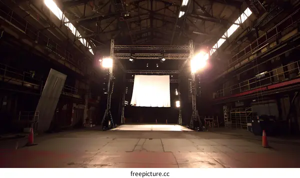Empty Stage with White Screen and Lighting Equipment in Large Industrial Building