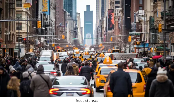Crowded street scene with people crossing the road in New York City