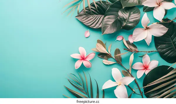 Tropical Flowers and Leaves on a Turquoise Background