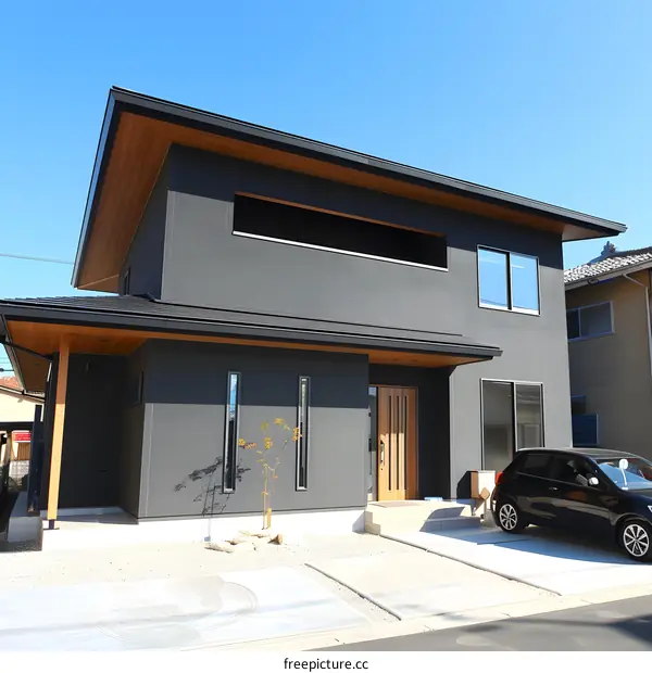 Modern Two Story House with Black Exterior and Wooden Accents