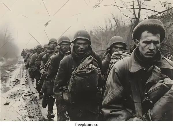 A group of soldiers walking through a muddy road during World War II