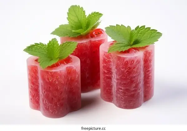 Three red strawberry-shaped gelatin shots garnished with mint