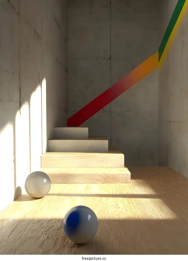 Minimalist Concrete Room with Stairs and Spheres