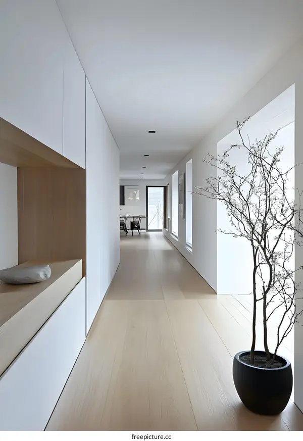 Minimalist Modern Interior Design Long Corridor Hallway White Walls Wooden Floor