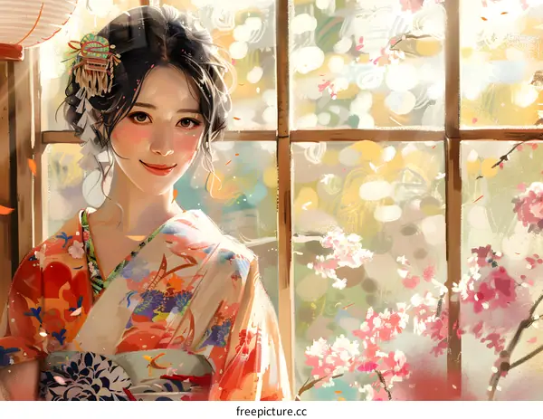 A beautiful Japanese woman wearing a kimono stands in front of a window.