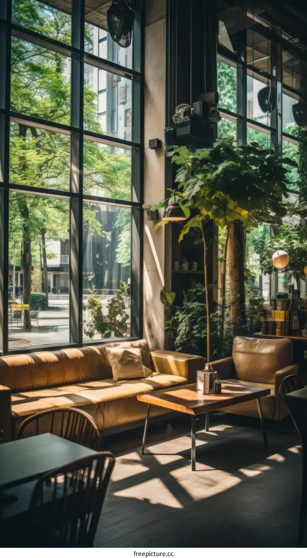 Modern Cafe Interior with Floor-to-Ceiling Windows and Sunlight