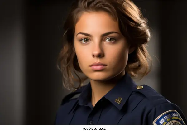 Portrait of a young policewoman with brown hair and green eyes