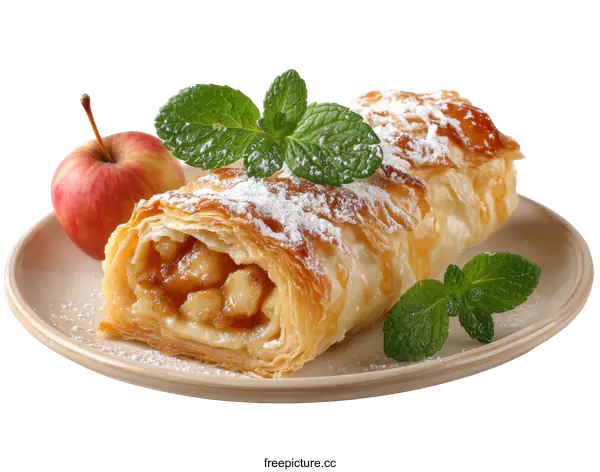 [Transparent Background PNG]Delicious Apple Strudel on a Plate