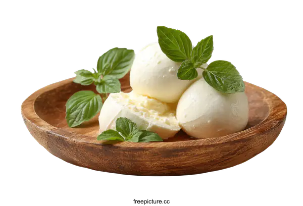 [Transparent Background PNG]Fresh Mozzarella Balls with Mint