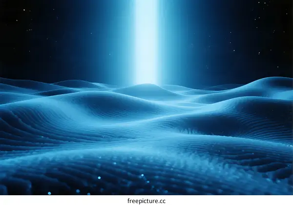 Blue Light Beam Over Abstract Wave Pattern with Digital Particles