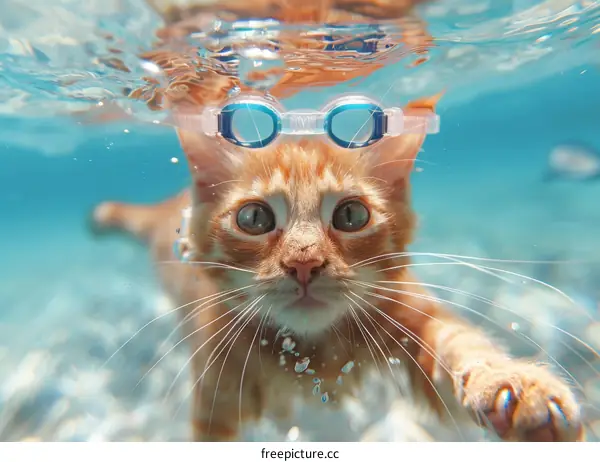 A ginger cat wearing blue goggles is swimming in the water