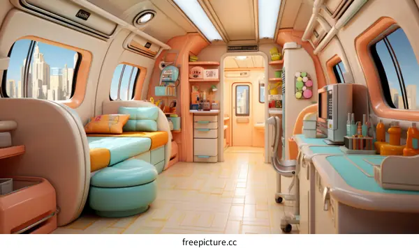 Retro futuristic interior of a mobile home