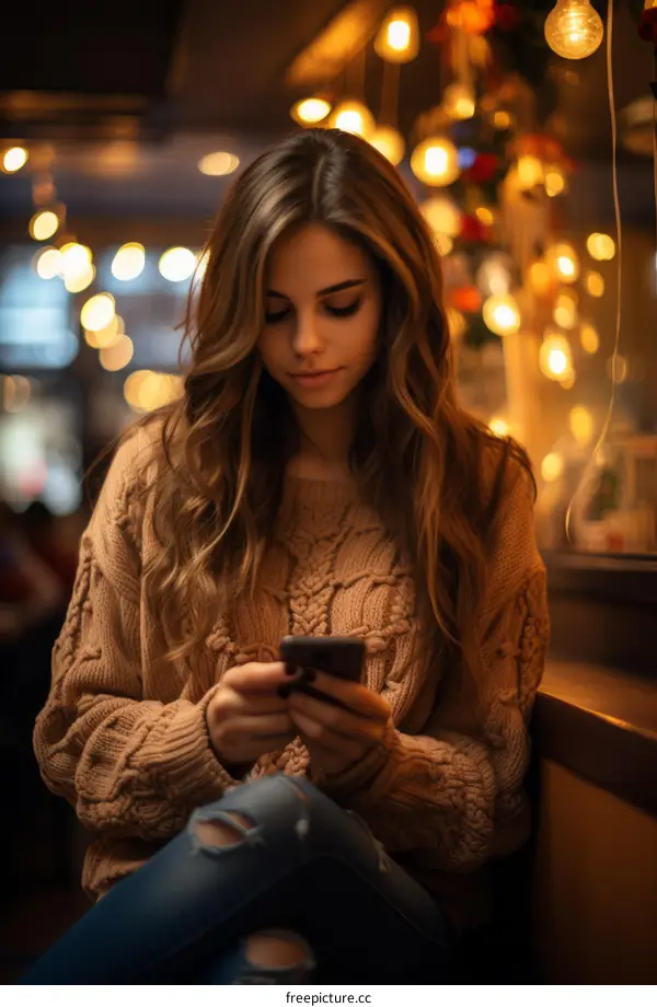 Young woman sitting in a cafe using her smartphone