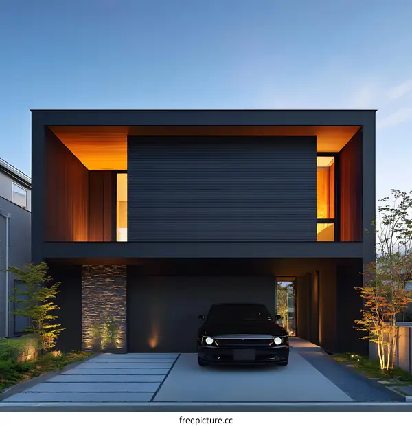 Modern Black House with Car in Driveway
