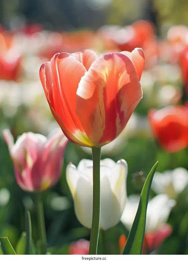 Closeup of a Pink and White Tulip Blooming in a Field of Tulips
