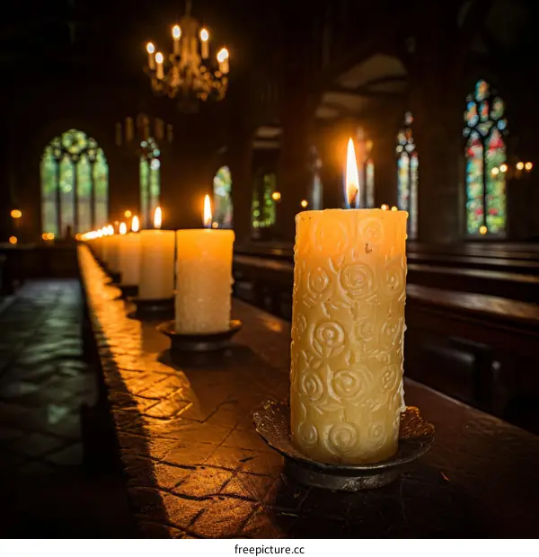 A row of candles in the dark