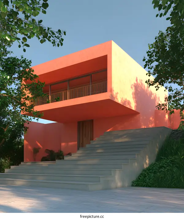Modern House with Stairs and Balcony in a Tropical Setting