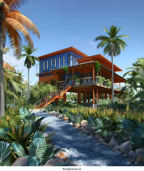 Tropical House with Palm Trees and Stone Pathway