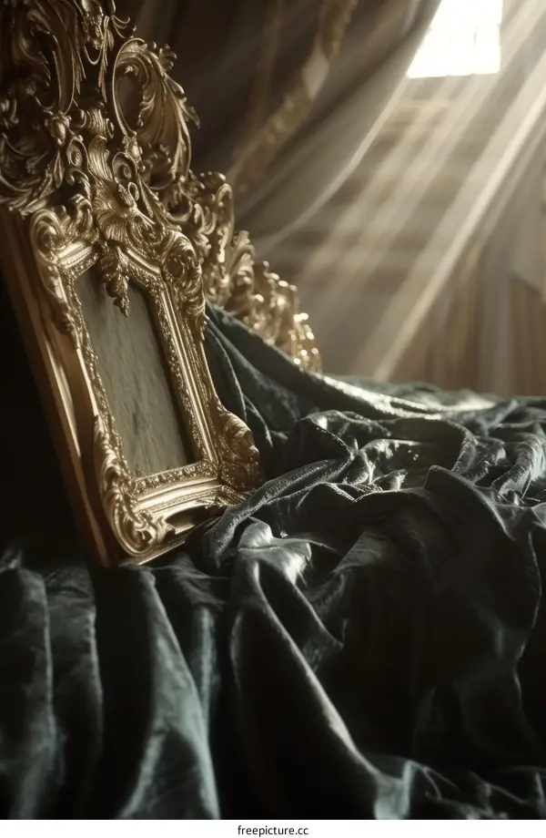 Ornate Golden Picture Frame on Luxurious Velvet and Sunlight Background