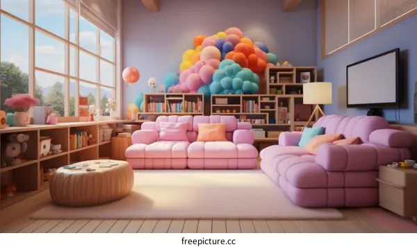 Cozy Pink Sectional Sofa in Modern Living Room with Colorful Balloons