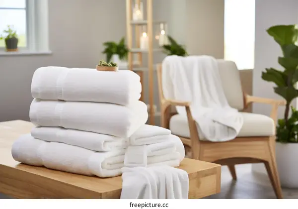 White fluffy towels on a wooden table in an interior living room with plants and a chair in the background