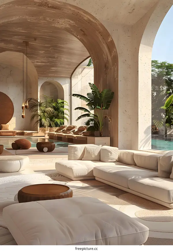 Modern interior design living room with swimming pool