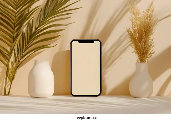 White Vases and Phone Mockup on Beige Background