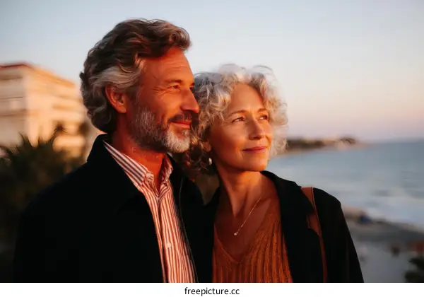 Couple enjoying sunset by the sea
