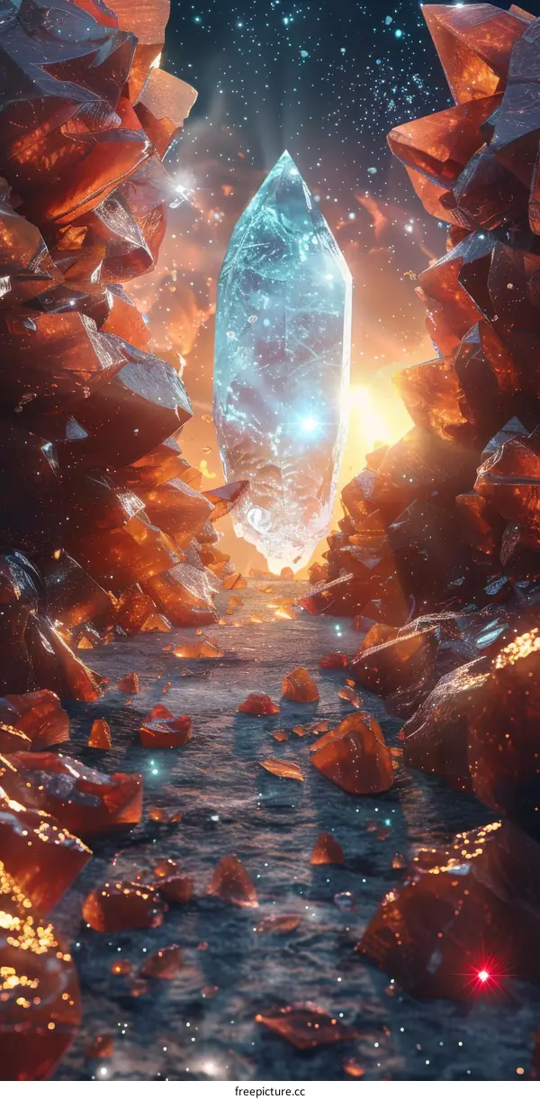 Fantasy Landscape with Blue Glowing Crystal and Red Rocks