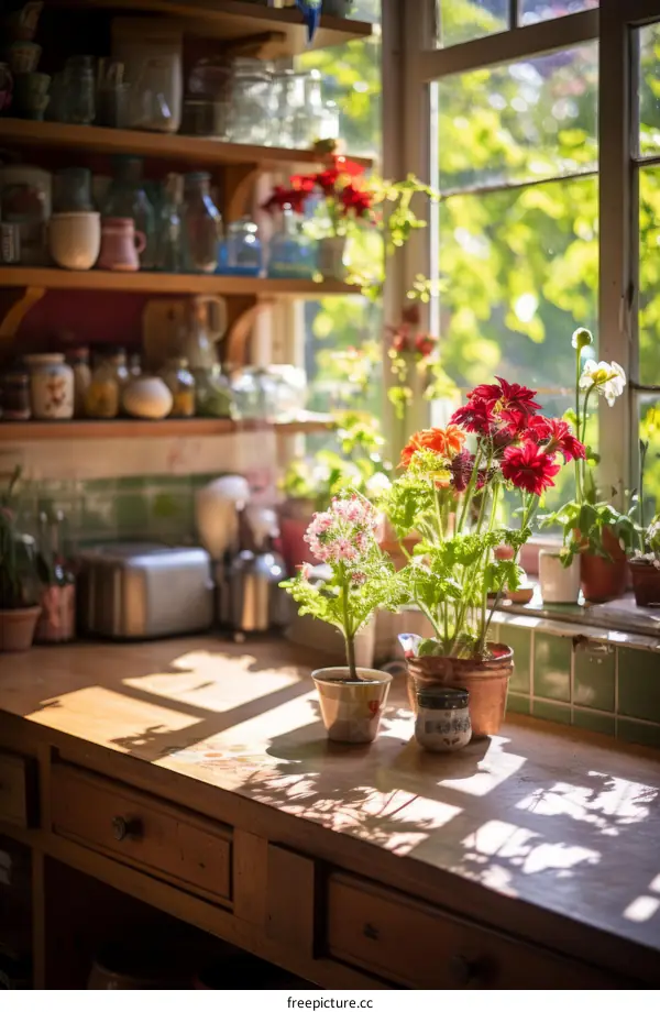 Kitchen windowsill with flowers