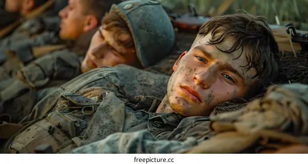 A soldier stares into the distance, his face is dirty and he is wearing a helmet.