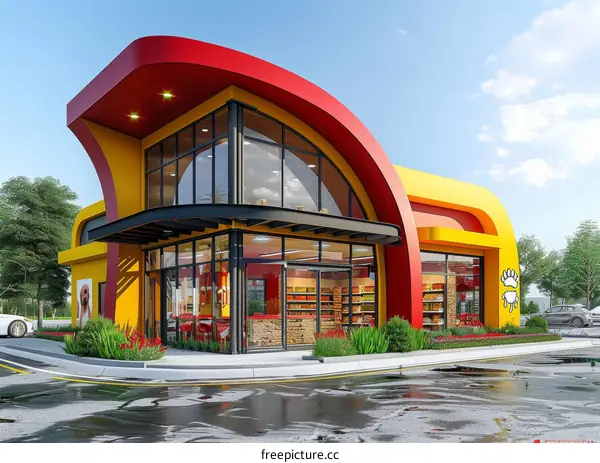 modern commercial building with curved roof and large glass windows