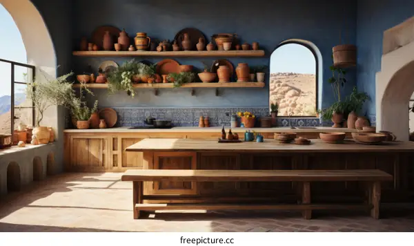 A beautiful kitchen with a large wooden table and a view of the desert