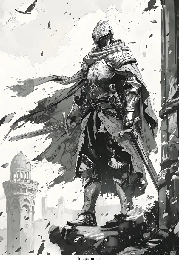 Knight In Full Plate Armor Standing On A Ruined Wall With Sword
