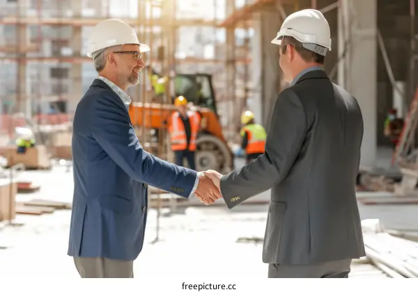 Two businessmen in hardhats shaking hands at a construction site