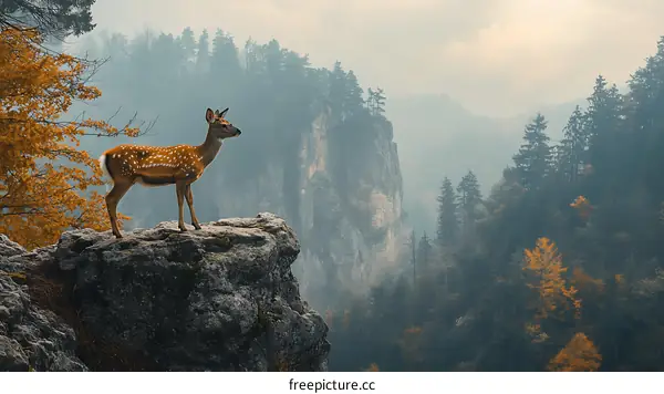 Misty Autumn Mountain Landscape with Deer