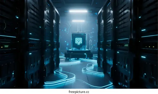 Futuristic Data Center with Illuminated Server Racks and Circuit Patterns