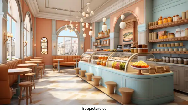 European Style Coffee Shop Interior Design with Pastel Pink and Blue Color Scheme